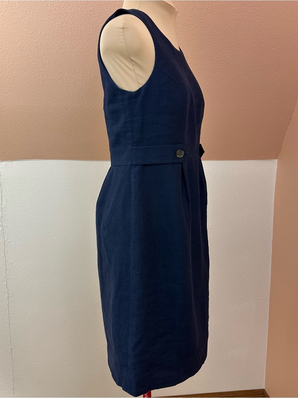J.Crew 100% Linen Sheath Dress Womens 4 Navy Sleeveless Button Waist Knee Length - Picture 7 of 14